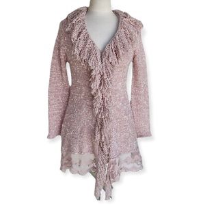 Anthropologie SIONI Knit Cardigan Lace Wool Blend Swirly Fringe Blush Medium